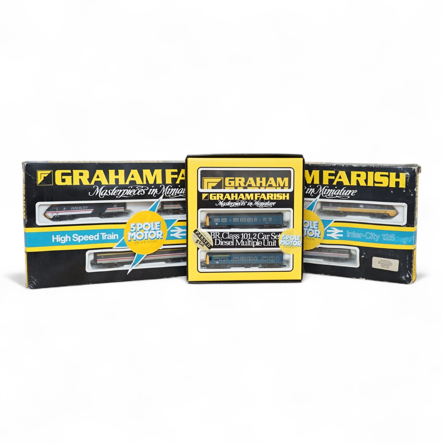 Three boxed Graham Farish N gauge railway train sets; a HST Intercity 125 3-car sets (8126 and 8127), and a BR Class 101 2-car DMU (8136) . Condition - fair to good, some wear to the HST boxes.